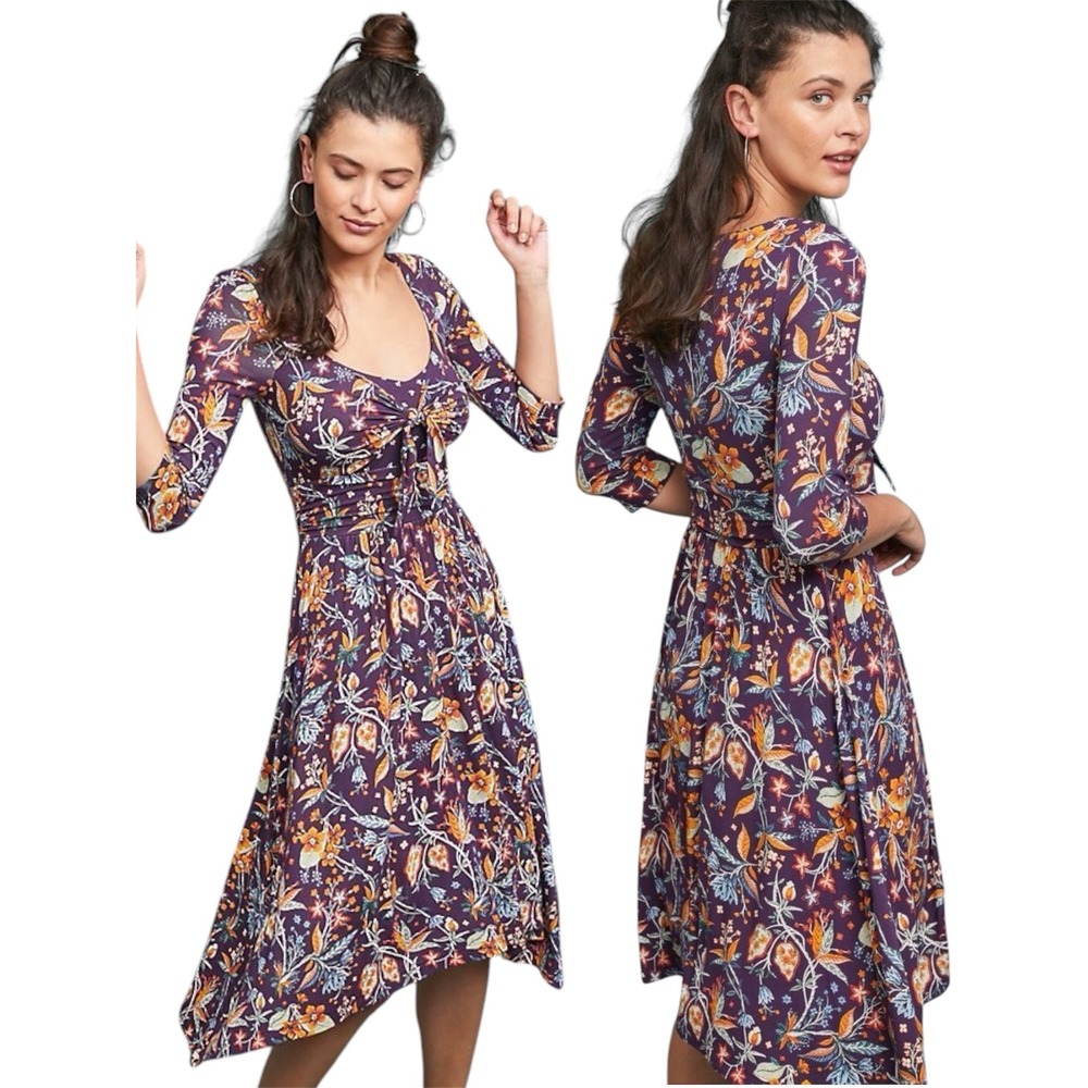 Maeve Anthropologie Purple Floral Handkerchief Hem Tie Front Midi Dress Small